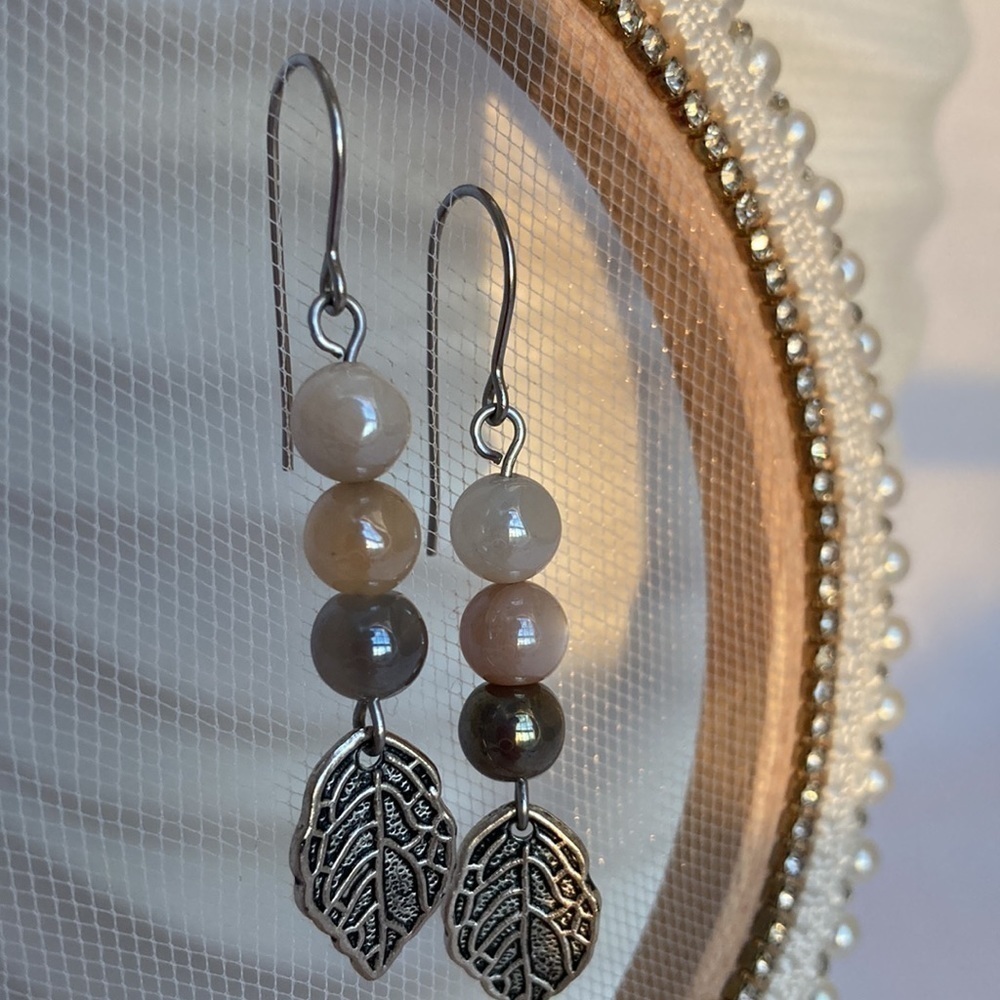 Moonstone Beaded Earrings with Leaf Charms